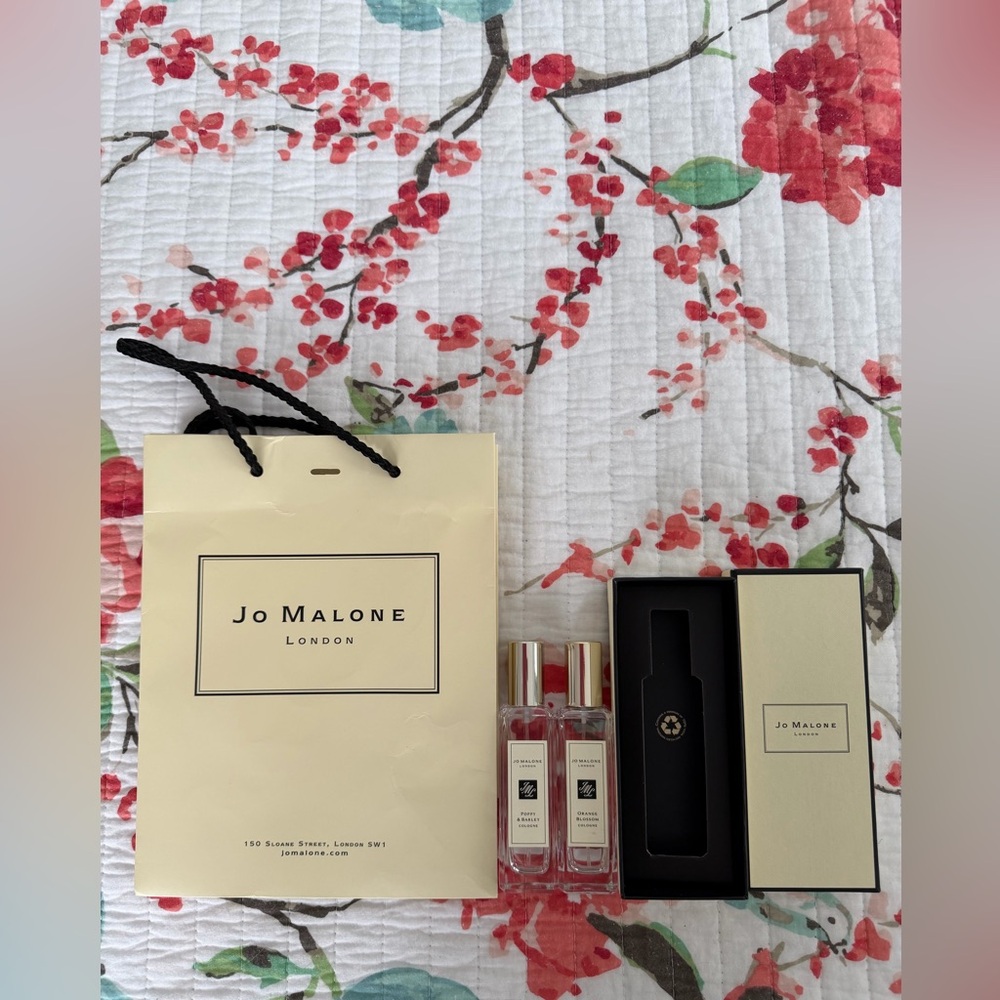 Jo Malone  two empty perfume bottles, box and gift bag